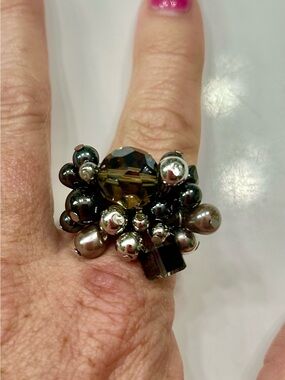 Smoky Cluster Bead Cocktail Ring in Black and Silver